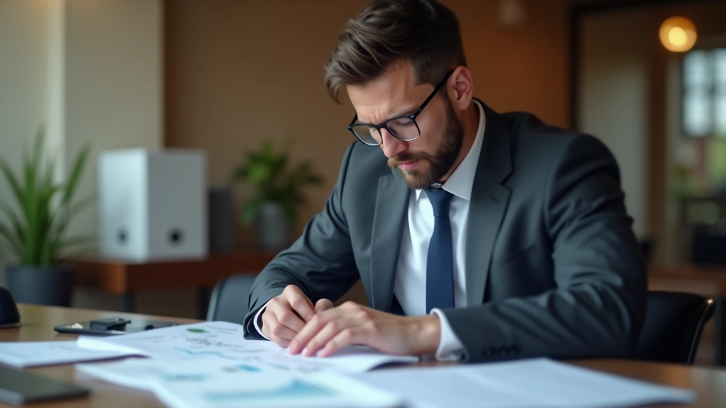 Analista finanziario che studia rapporti su scrivani con più grafici e documenti finanziari stampati