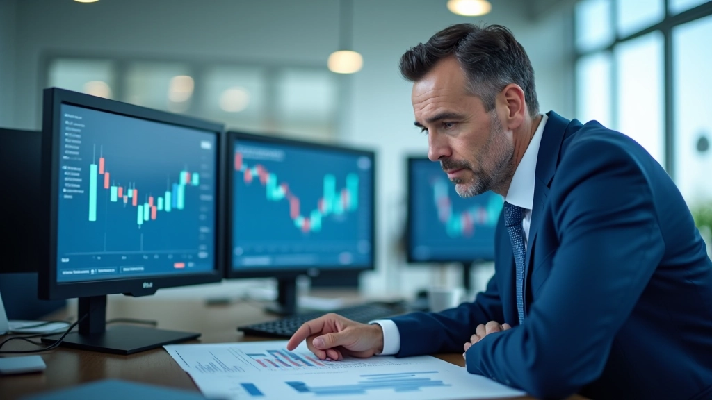 Analista finanziario che esamina grafici e dati di quotazioni Borsa Italiana su più schermi in ufficio