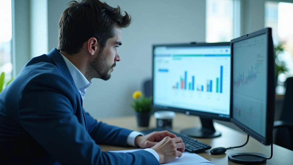 Analista finanziario che studia grafici e dati aziendali al computer in ufficio moderno