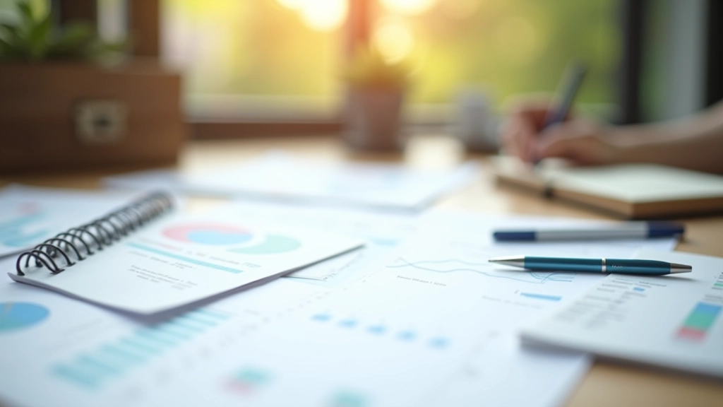 Tavolo da lavoro con documenti finanziari stampati, calcolatrice, penna e notebook per prendere appunti durante l'analisi fondamentale