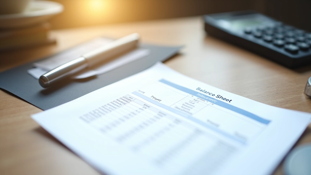 Documento di bilancio stampato con colonne di numeri finanziari e una calcolatrice a lato su tavolo di legno
