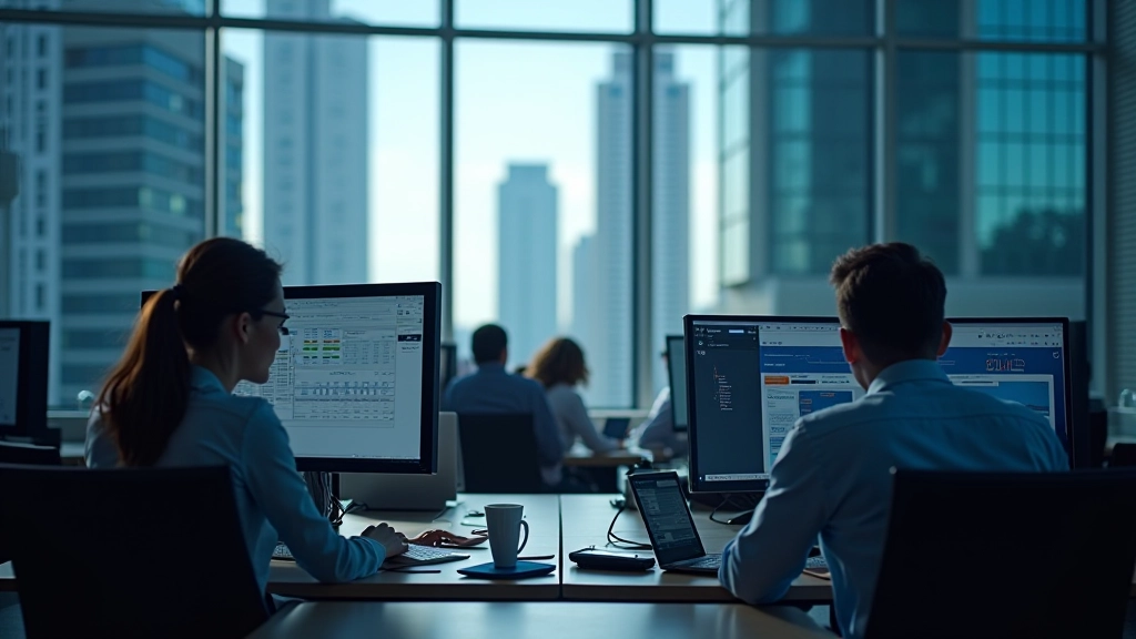 Ambiente professionale di analisi finanziaria con team al lavoro su rapporti finanziari