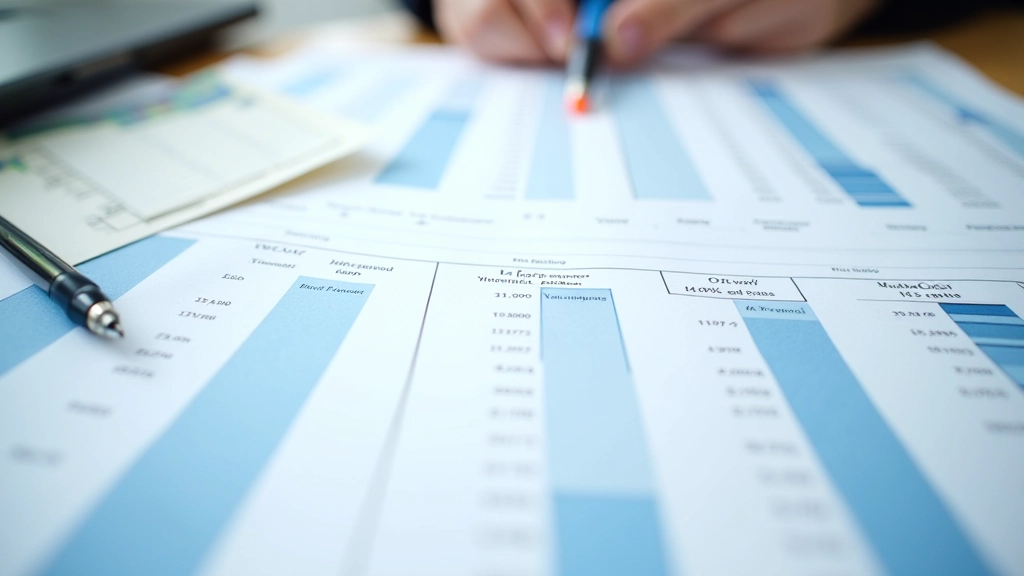 Tavolo con multiple fogli di bilancio di anni diversi confrontati insieme con evidenziamenti e annotazioni a penna
